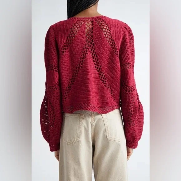 New! FARM Rio Flower Crochet Knit Burgundy Rec Cardigan ♥️ Small NWT! - Picture 10 of 12